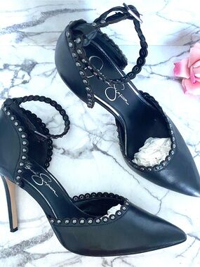 💕Jessica Simpson Black Ankle Strap Stiletto Heels SZ 8.5